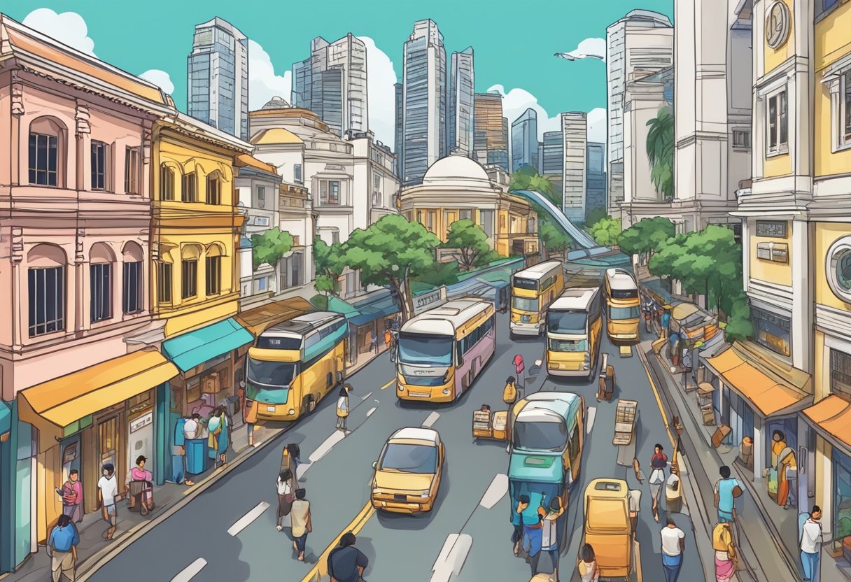 A bustling Singapore street with iconic landmarks in the background, tourists exploring the city, and a tour guide providing information