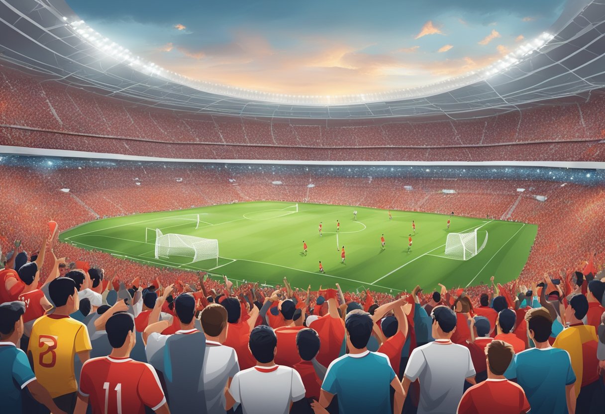 The soccer match between Liverpool and Bayern in Singapore is depicted with the teams in action on the field, surrounded by cheering fans