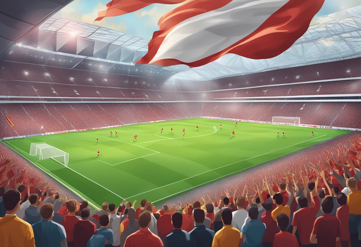 A crowded stadium with Liverpool and Bayern flags waving, players in action, and fans cheering