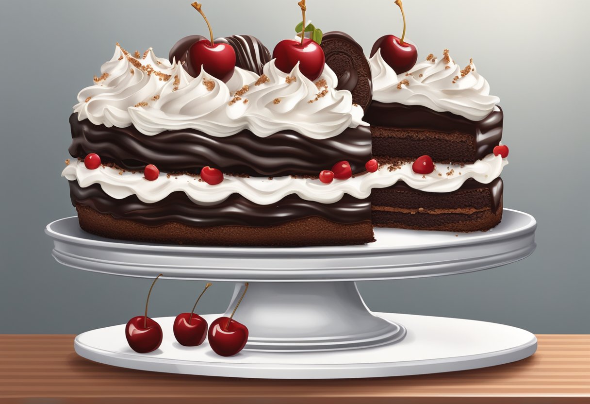 A decadent black forest cake sits on a pristine white cake stand, adorned with whipped cream, cherries, and chocolate shavings