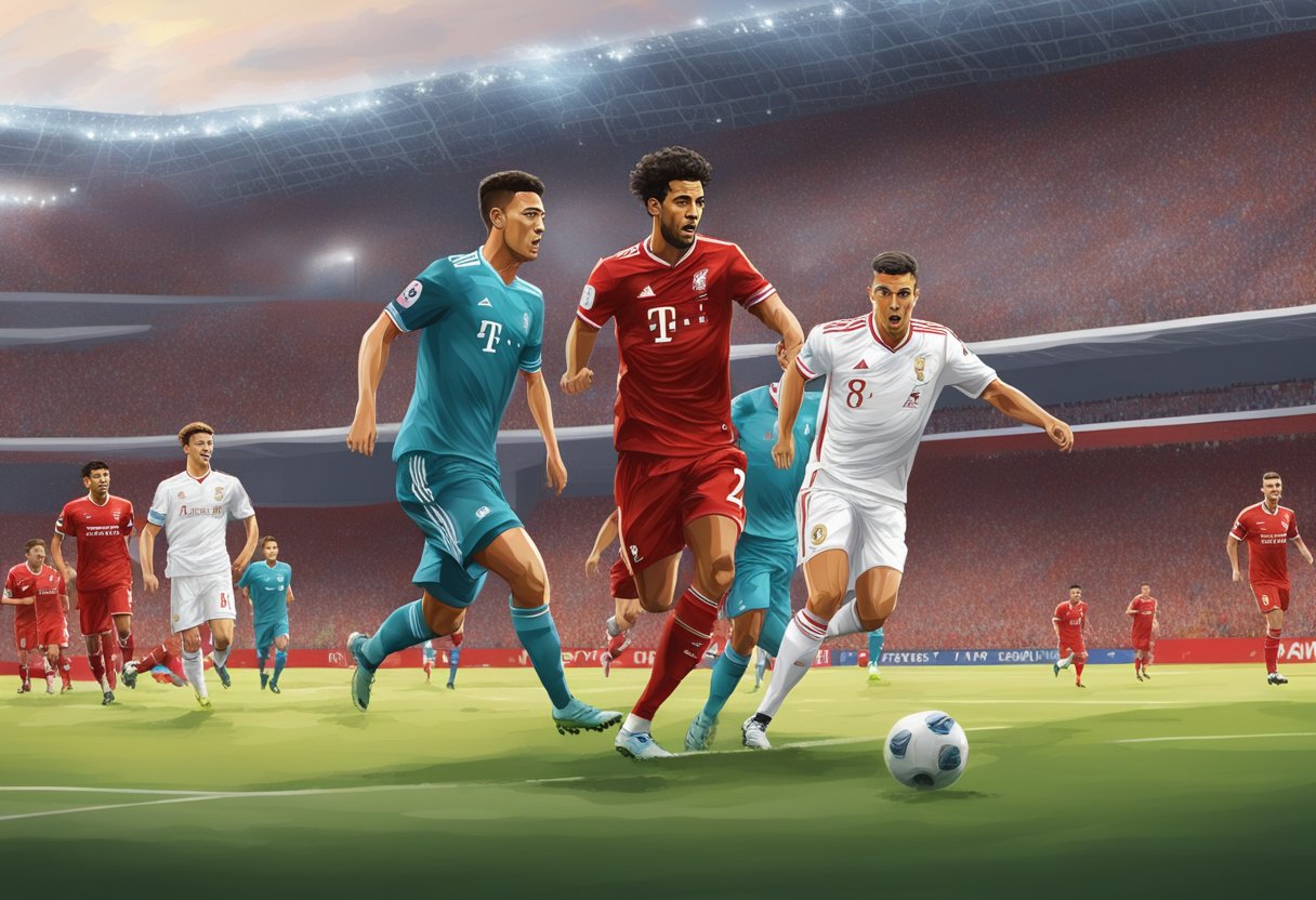 Liverpool and Bayern players face off on the Singapore field. Crowd cheers in the background