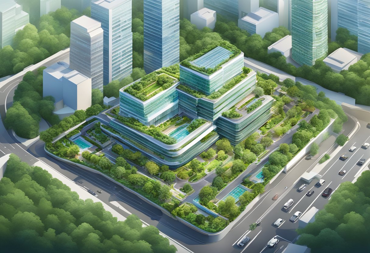 Aerial view of Brandt Singapore headquarters with modern architecture and lush greenery, surrounded by bustling cityscape