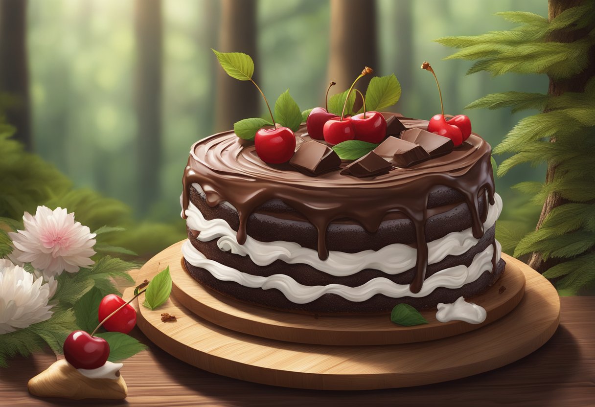 A baker mixes chocolate batter, layers it with cherries and whipped cream, and decorates with chocolate shavings. The cake sits on a wooden platter, surrounded by a lush forest backdrop