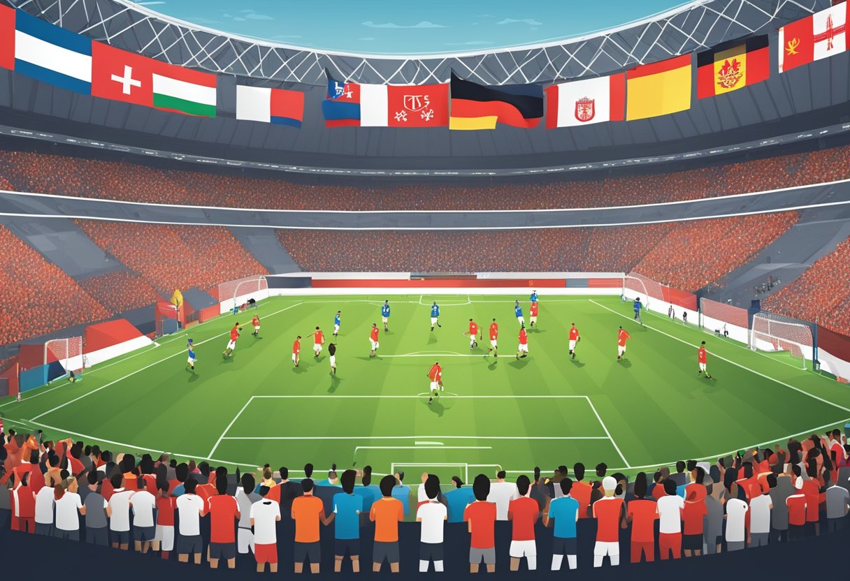 Two soccer teams face off on the field in Singapore. The Liverpool and Bayern teams are surrounded by a crowd, with banners and flags waving in the air