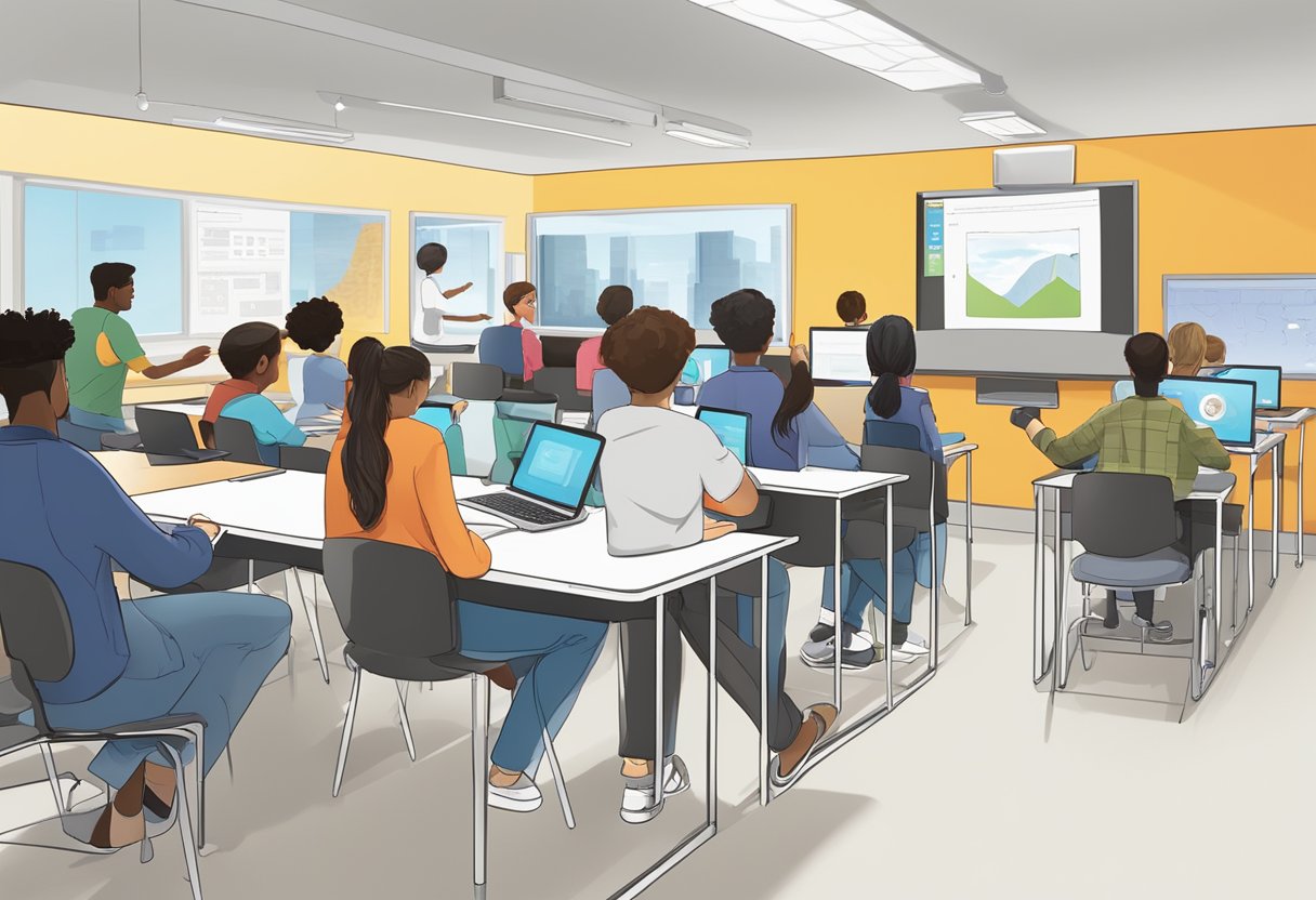 Students engage in collaborative learning, using digital tools and interactive resources in a modern classroom setting
