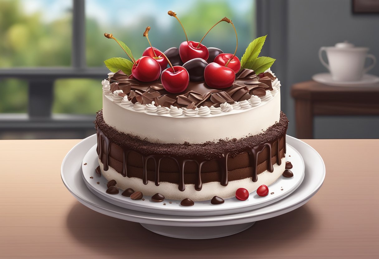 A luscious black forest cake on a white cake stand, surrounded by fresh cherries and chocolate shavings, with a backdrop of a cozy bakery in Singapore