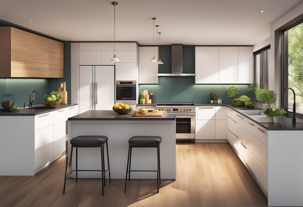 A sleek, modern kitchen with Brandt appliances in use, emitting a warm glow
