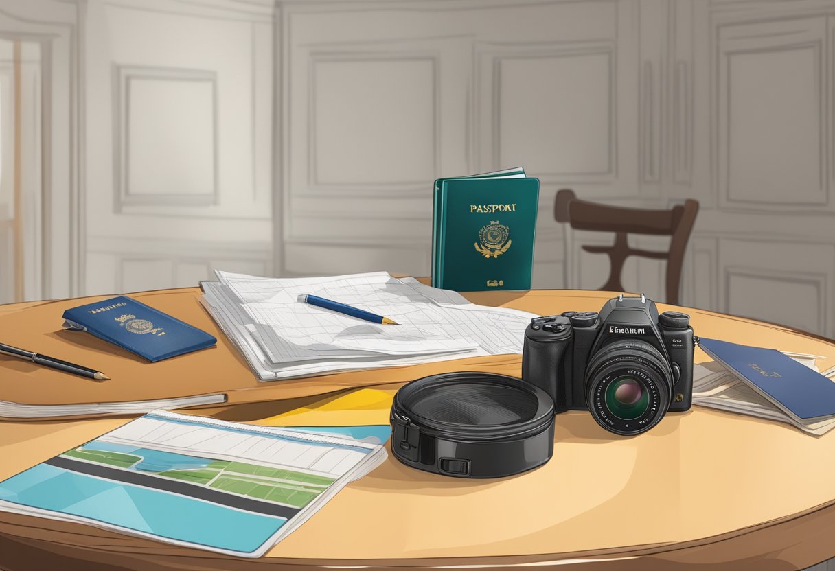 A table with a ruler, camera, and passport-sized photo backdrop