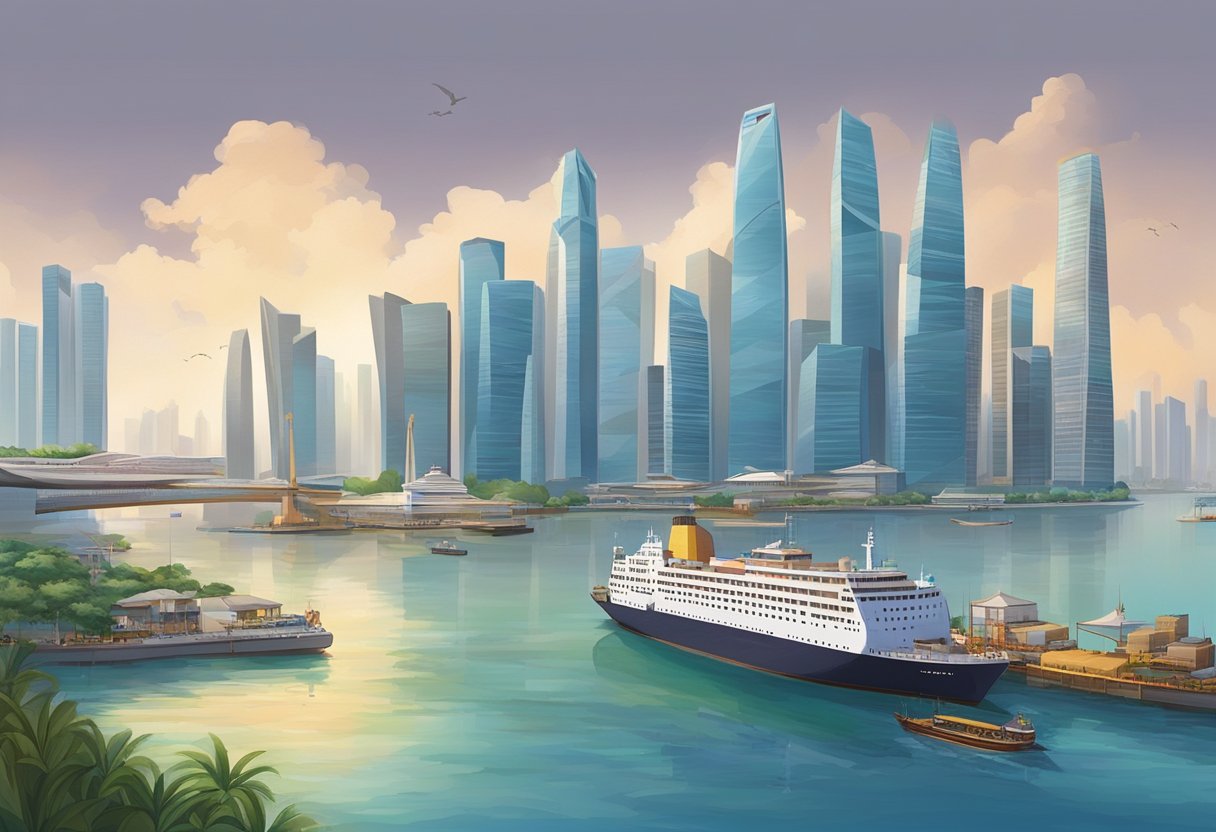 Ships sail from Singapore to Guangzhou, passing through bustling ports and serene waters, under the watchful gaze of towering city skylines