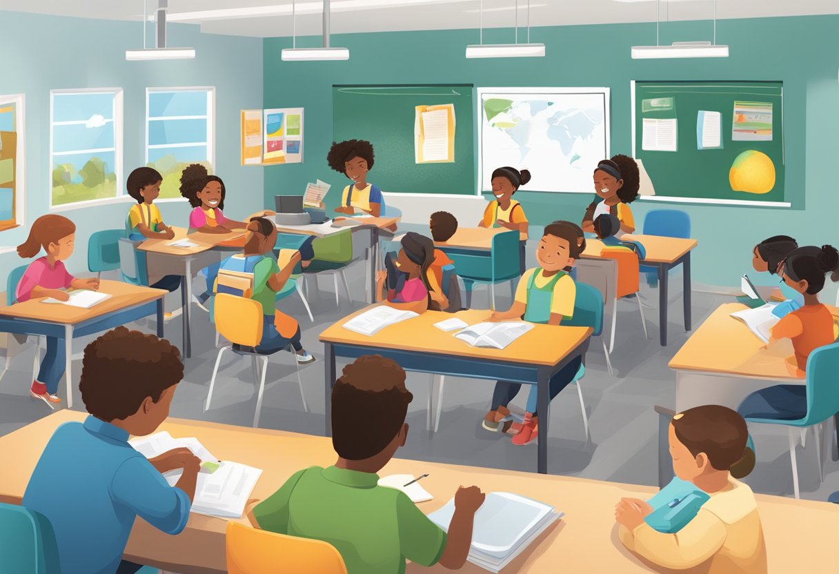 A classroom with diverse students engaged in hands-on learning activities, surrounded by educational materials and resources