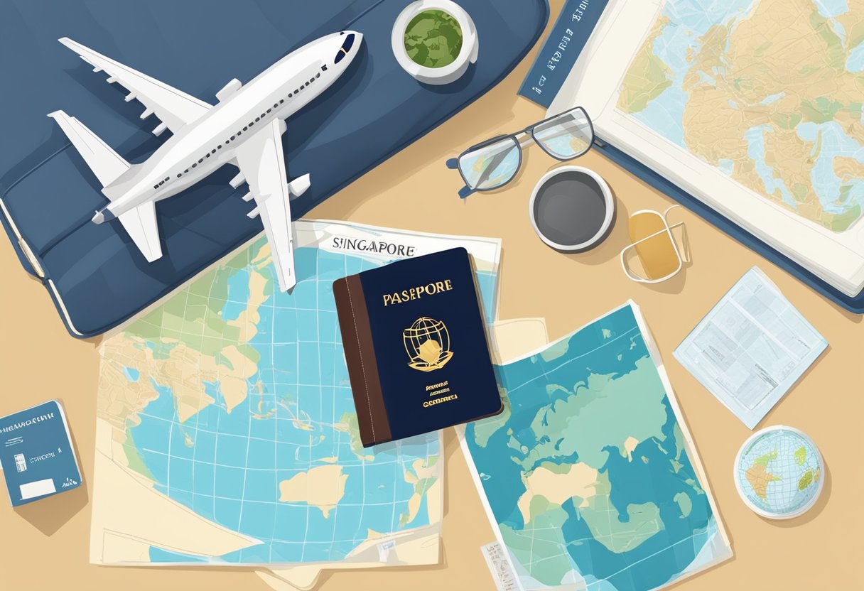 Passport and boarding pass on a table, suitcase packed, map of Singapore and Guangzhou on the wall, airplane flying in the sky