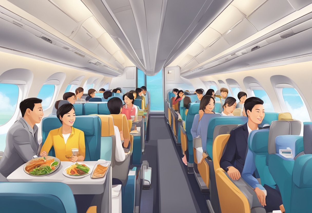 Passengers enjoying in-flight entertainment, dining, and comfortable seating on a Singapore to Guangzhou flight