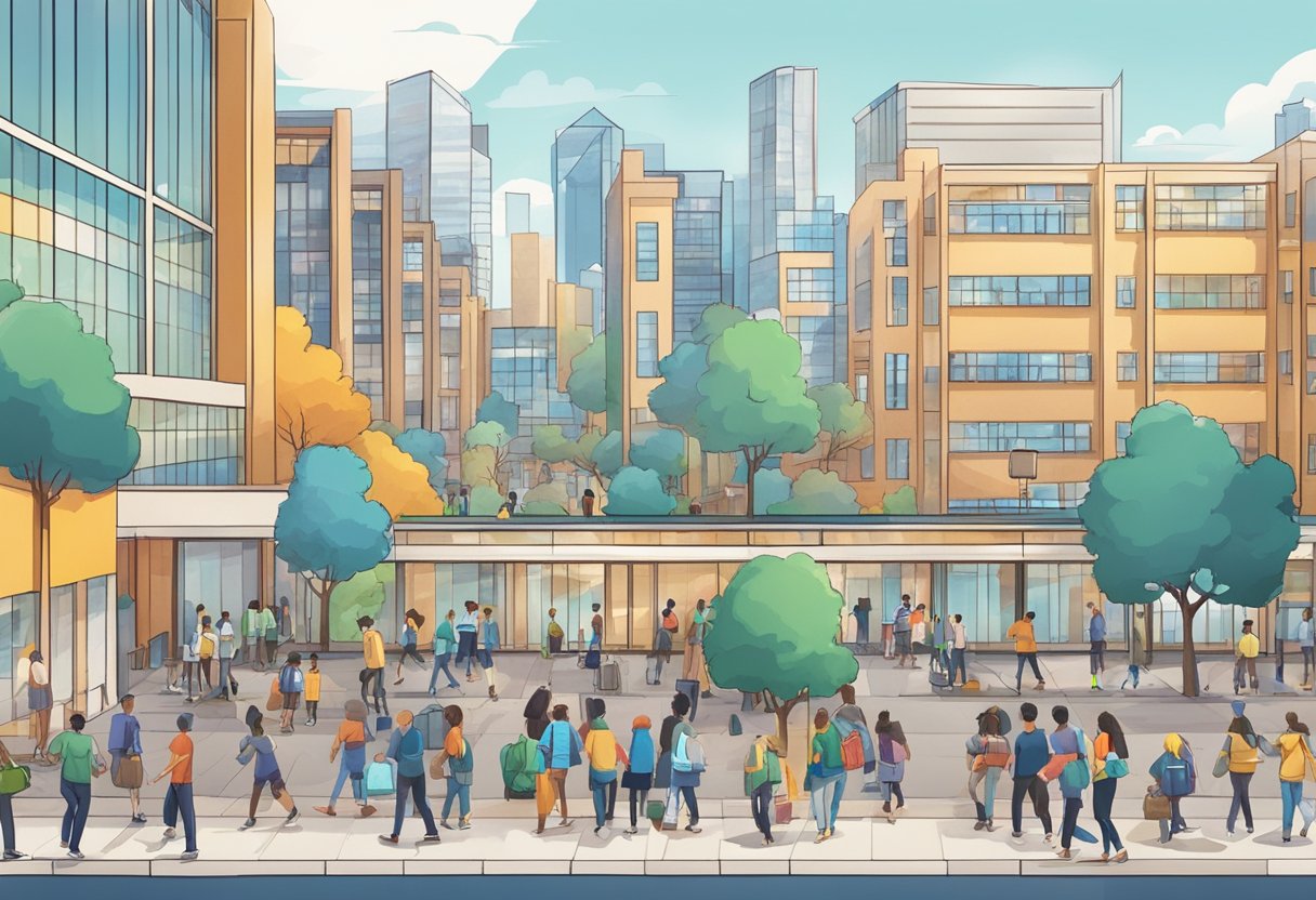 A bustling city skyline with modern school buildings and diverse students engaged in learning activities