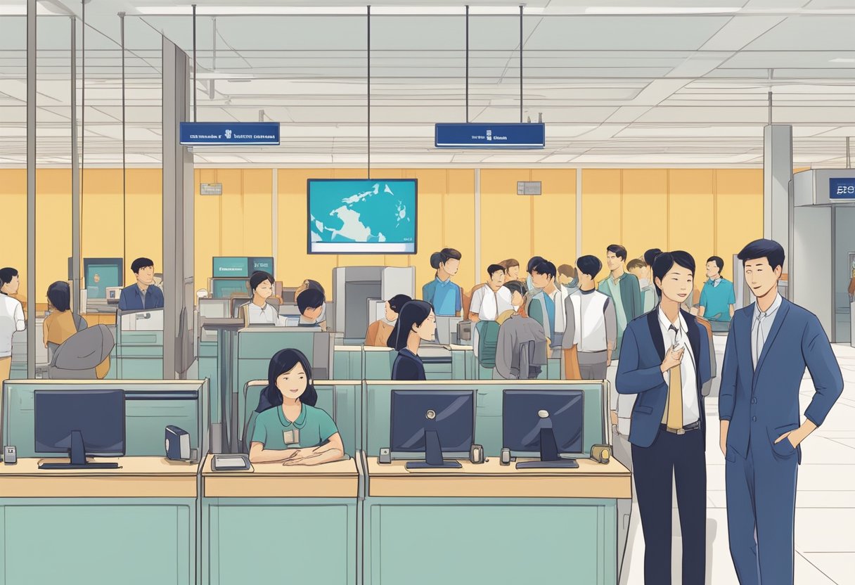 Passengers inquiring about travel from Singapore to Guangzhou at an airport help desk