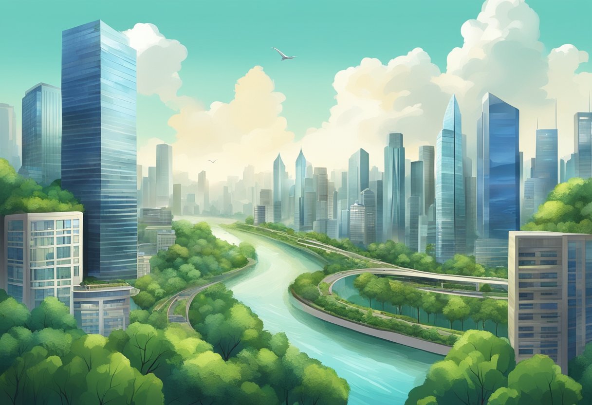 A bustling cityscape with modern skyscrapers, lush greenery, and a river cutting through the urban landscape