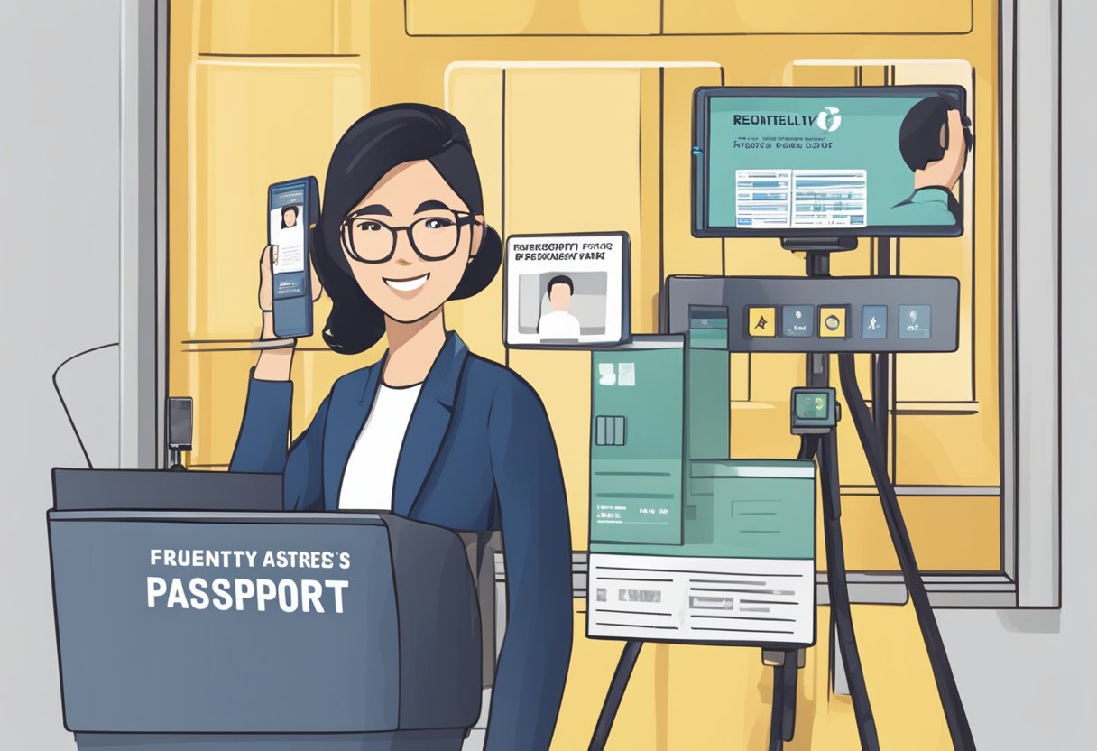 A passport photo booth with a camera, screen displaying requirements, and a sign stating "Frequently Asked Questions - Singapore Passport Photo Requirements"