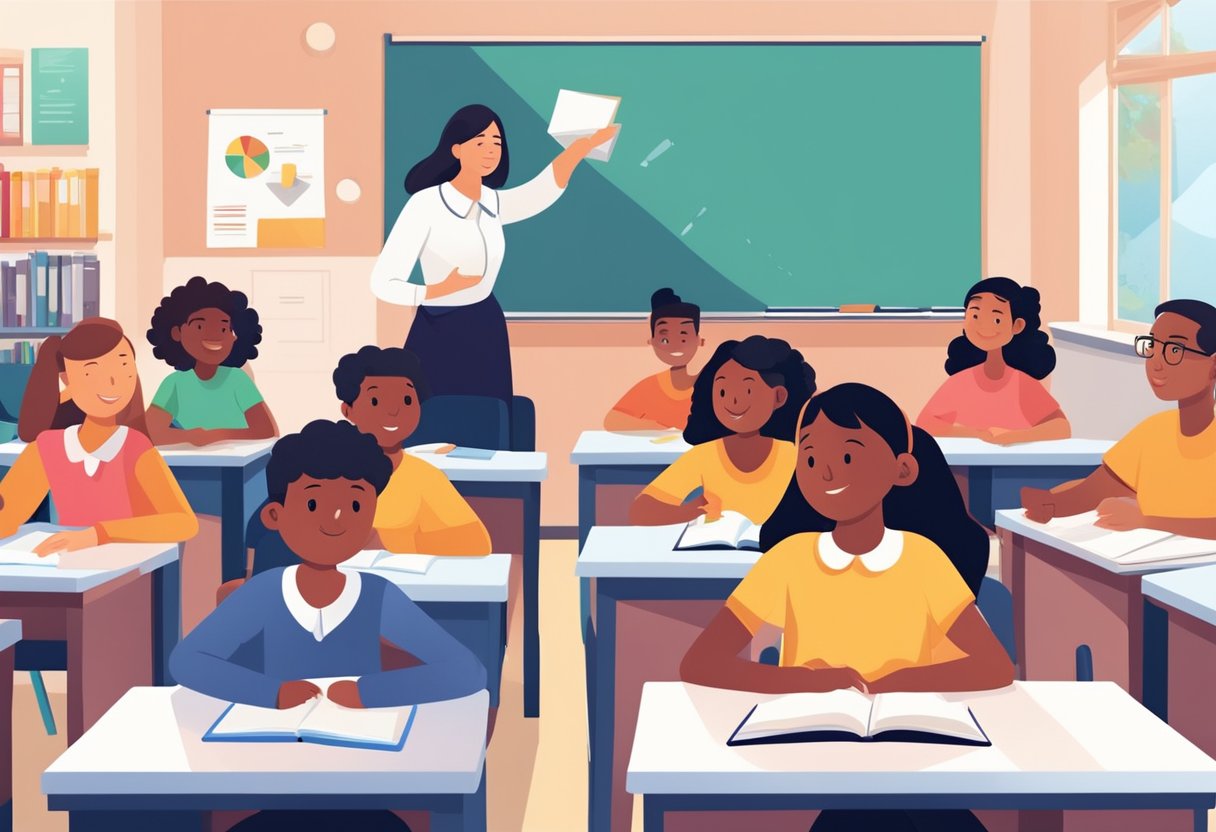 Students eagerly engage with teachers in a modern classroom, surrounded by colorful educational materials and technology