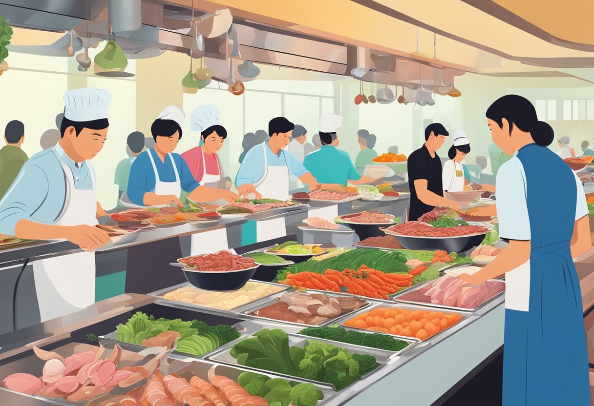 Diners selecting fresh ingredients from a colorful array of meats, seafood, and vegetables at a bustling steamboat buffet in Singapore