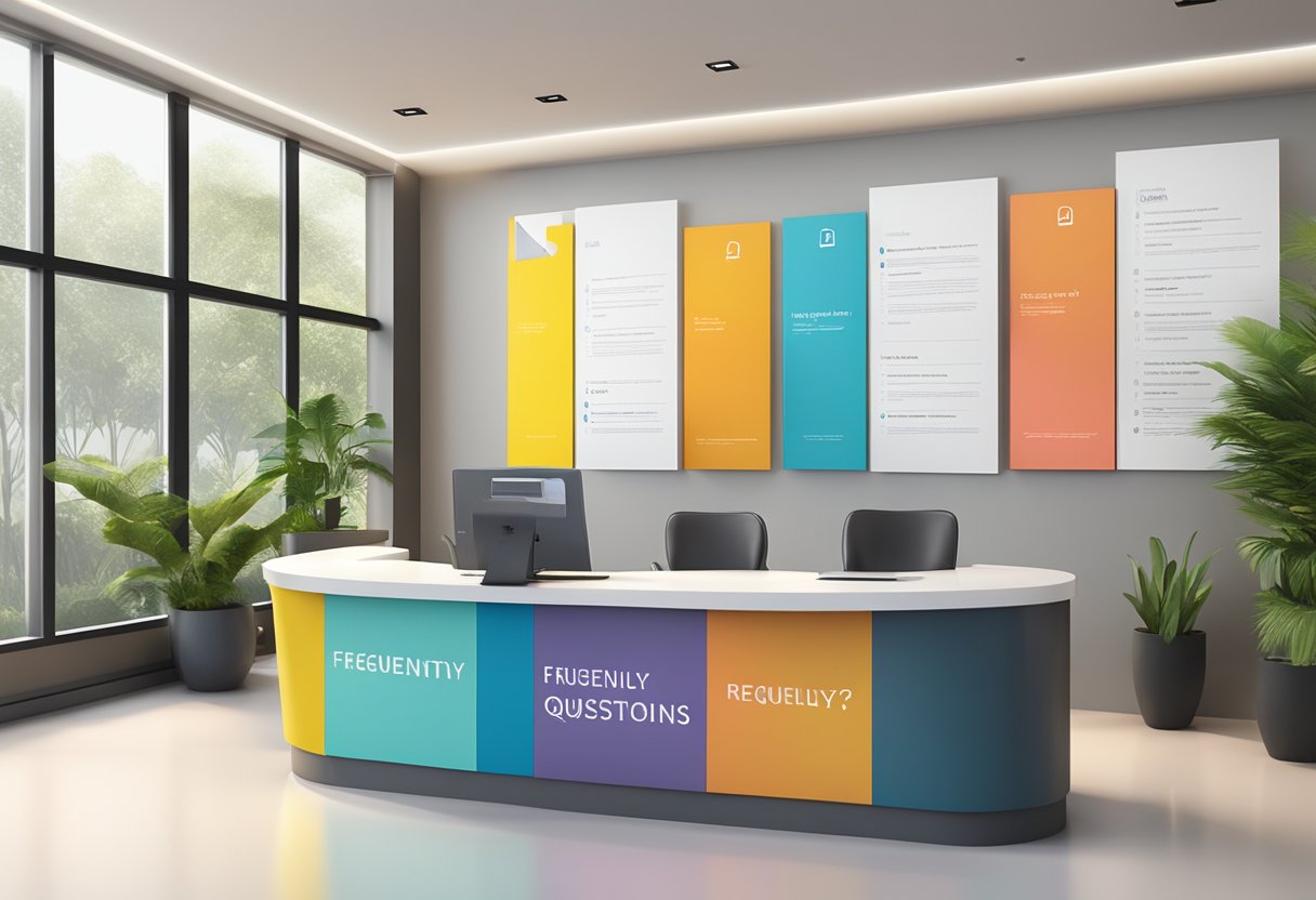 A stack of colorful "Frequently Asked Questions" pamphlets on a sleek, modern reception desk at CapitaSpring Singapore