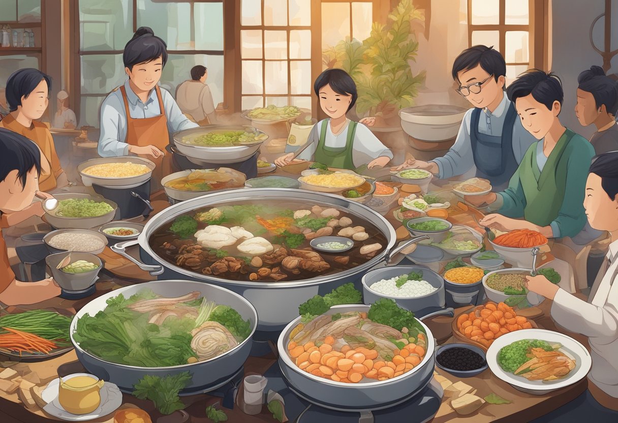 A table filled with a variety of fresh ingredients, surrounded by a steaming hot pot, with diners eagerly adding their favorite items to the bubbling broth