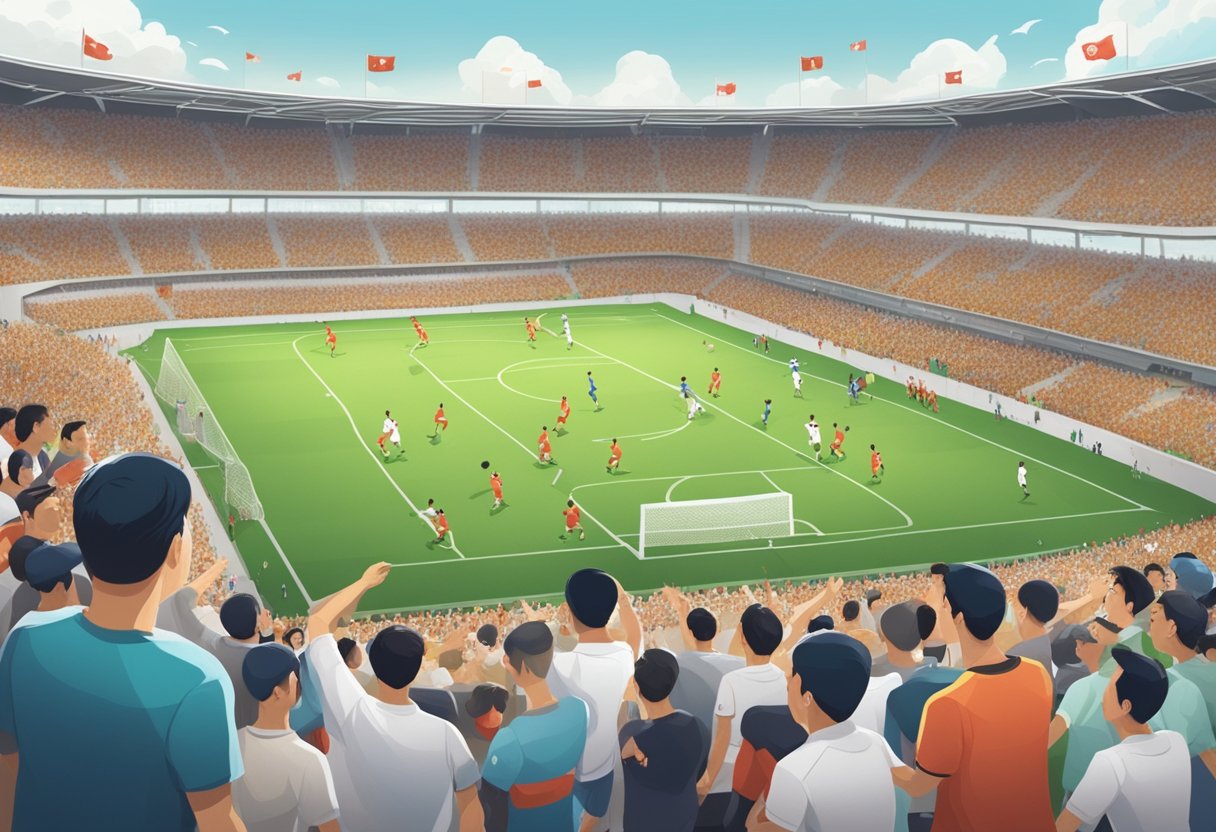 Players from Singapore and China compete on a football field, with a crowd cheering in the background