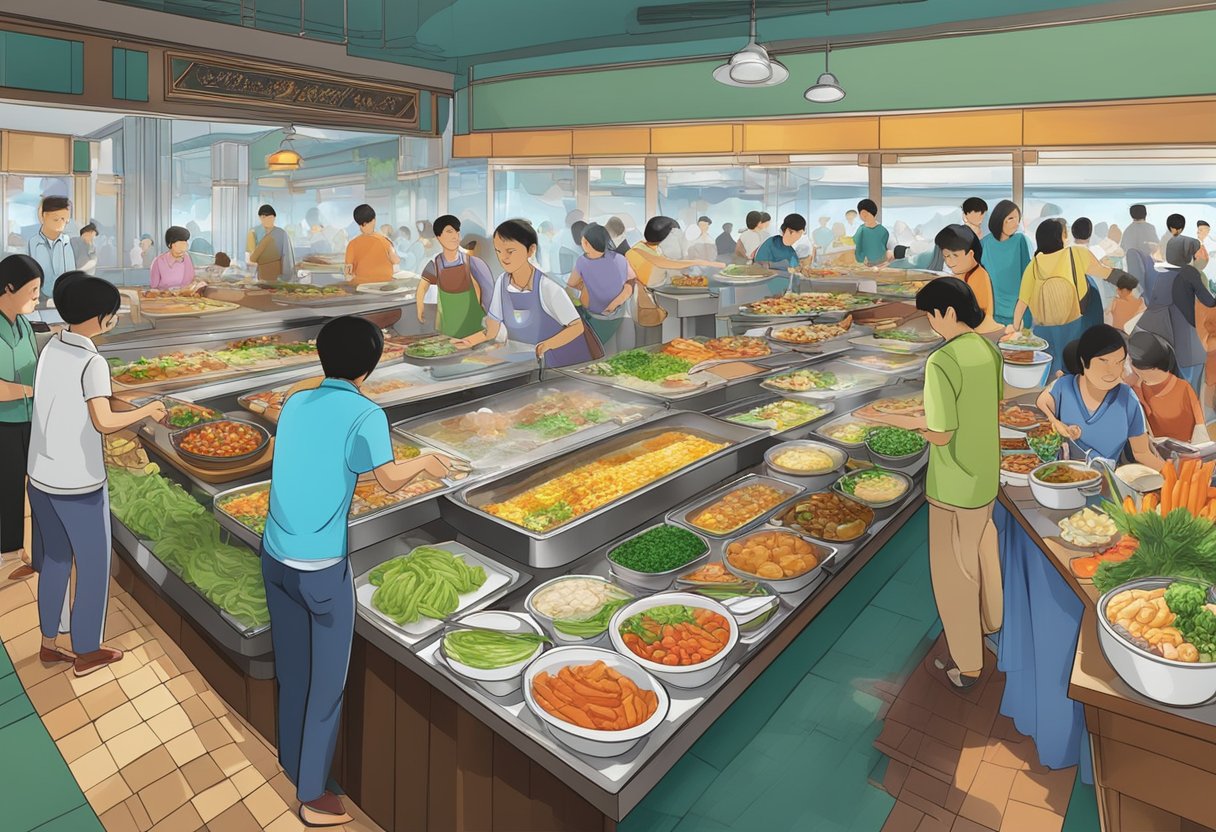 A bustling steamboat buffet in Singapore, with diners selecting from a variety of fresh ingredients and enjoying the lively atmosphere