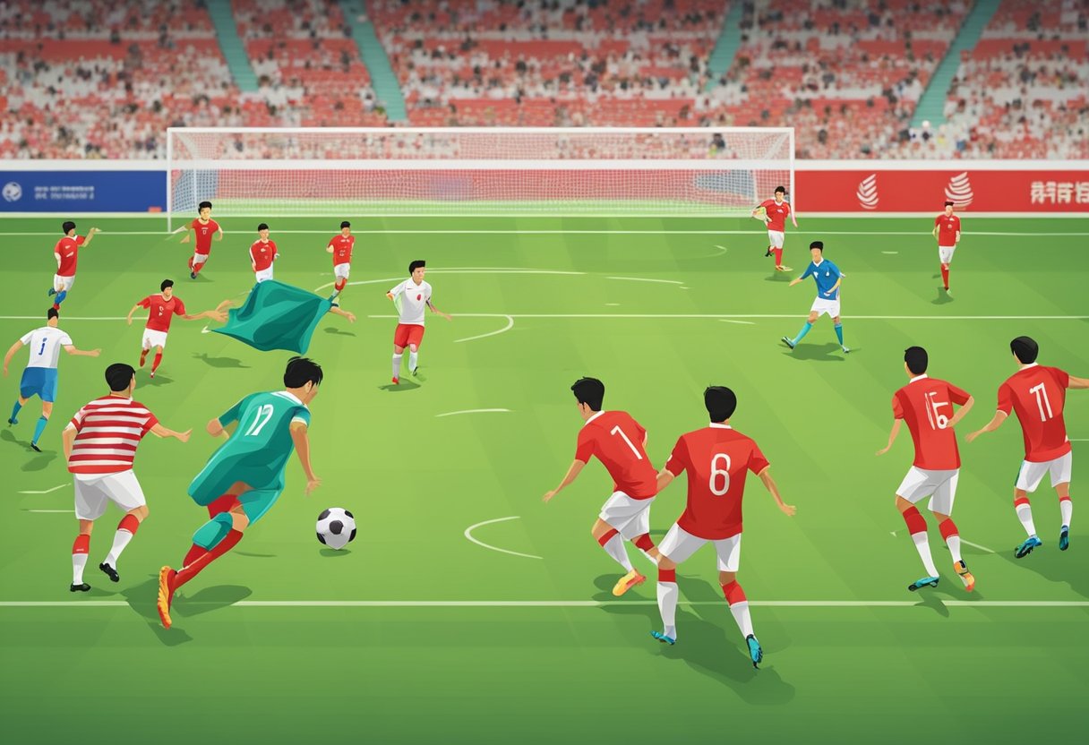Players compete on a green pitch, flags waving, as Singapore faces off against China in a football match