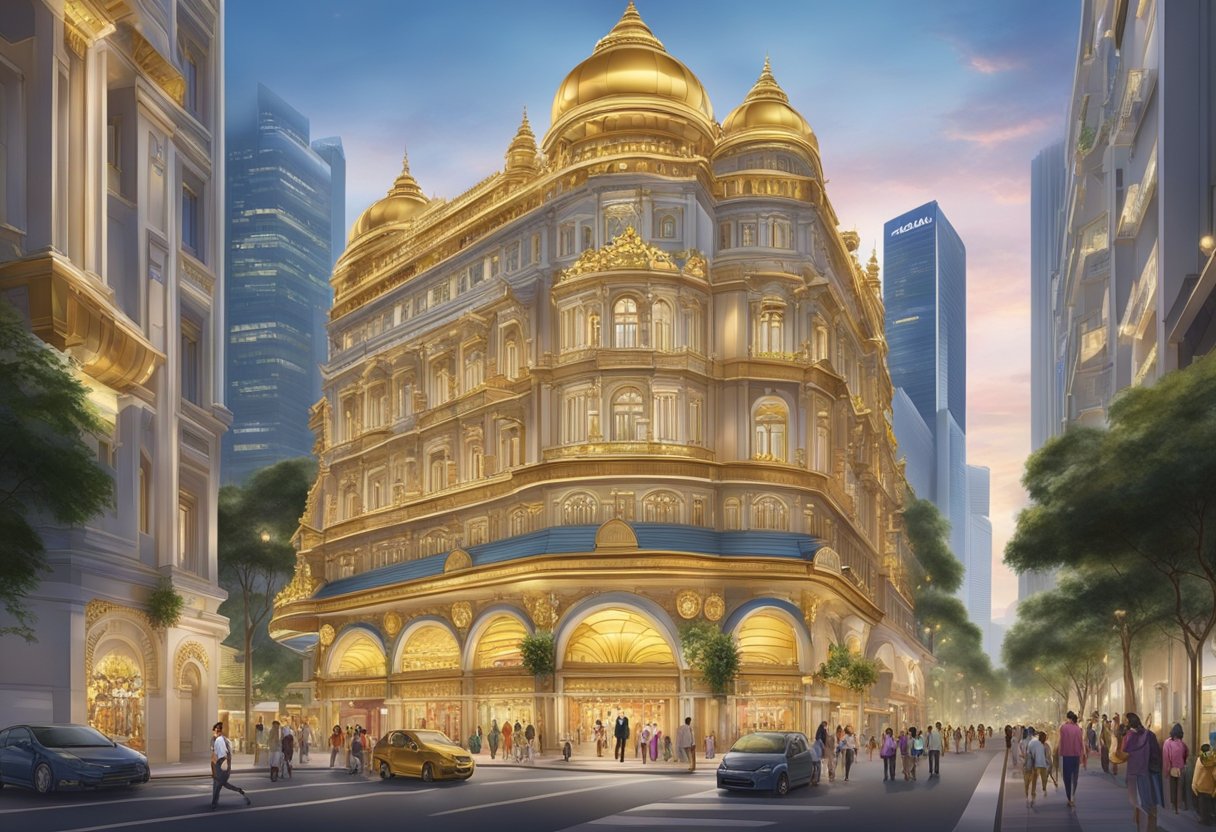 The bustling streets of Singapore showcase the grand facade of Joyalukkas, adorned with intricate gold jewelry and vibrant gemstones