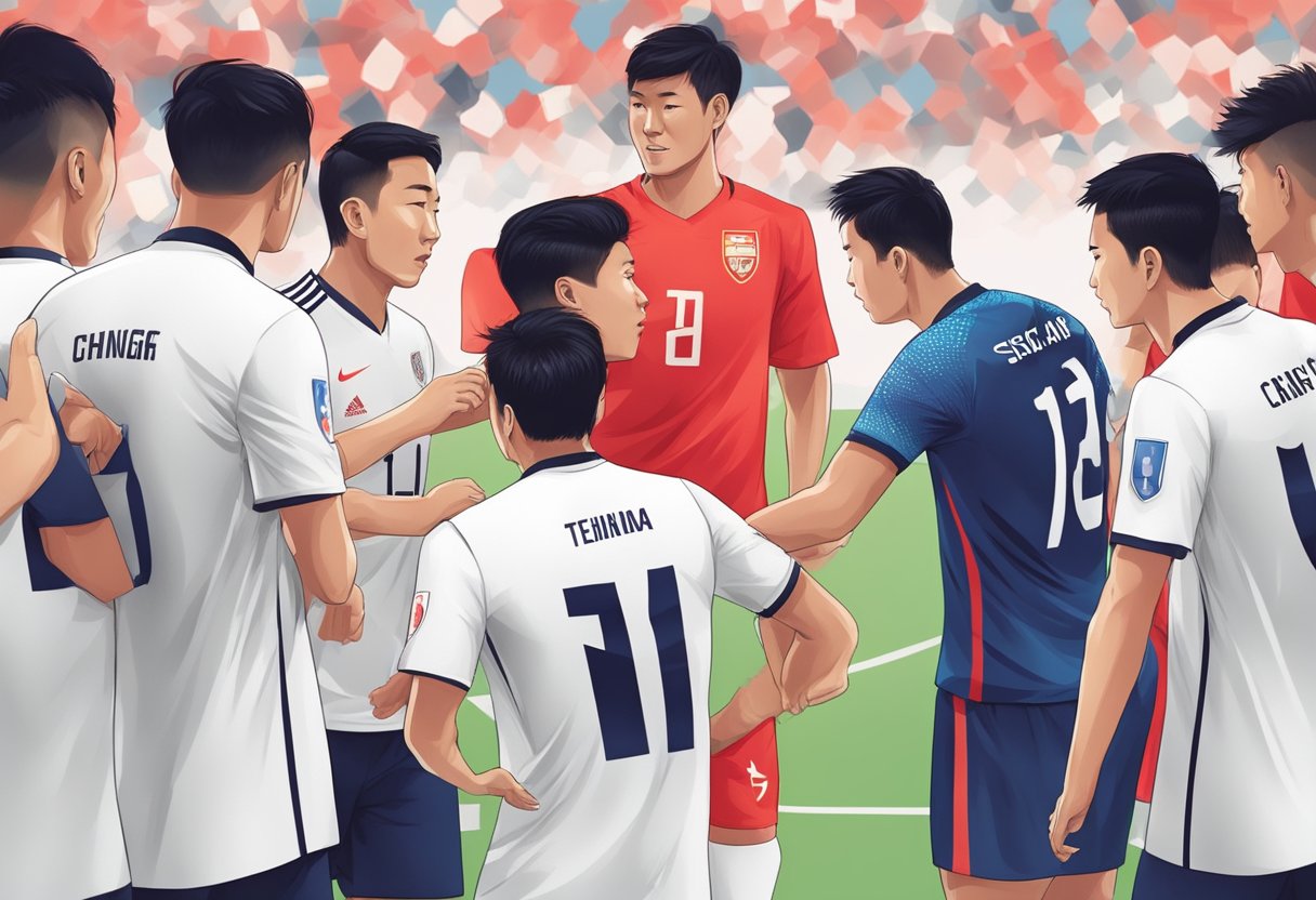 Players gather, exchanging words after Singapore vs China football match. Tension and excitement fill the air