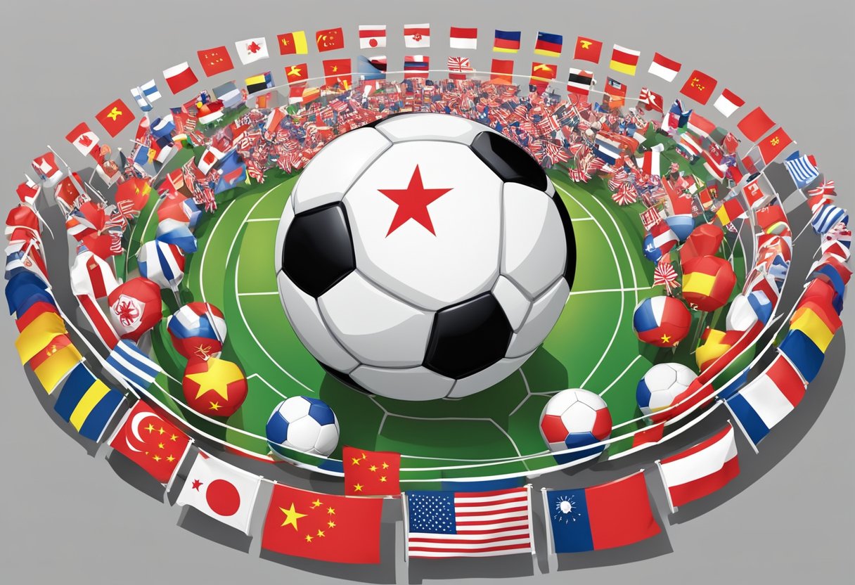 A soccer ball surrounded by flags of Singapore and China, with a crowd of fans in the background