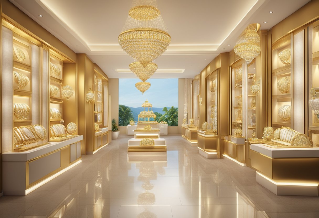 A sparkling display of Joyalukkas jewelry collections in a luxurious setting. Gleaming diamonds, lustrous gold, and exquisite designs catch the eye