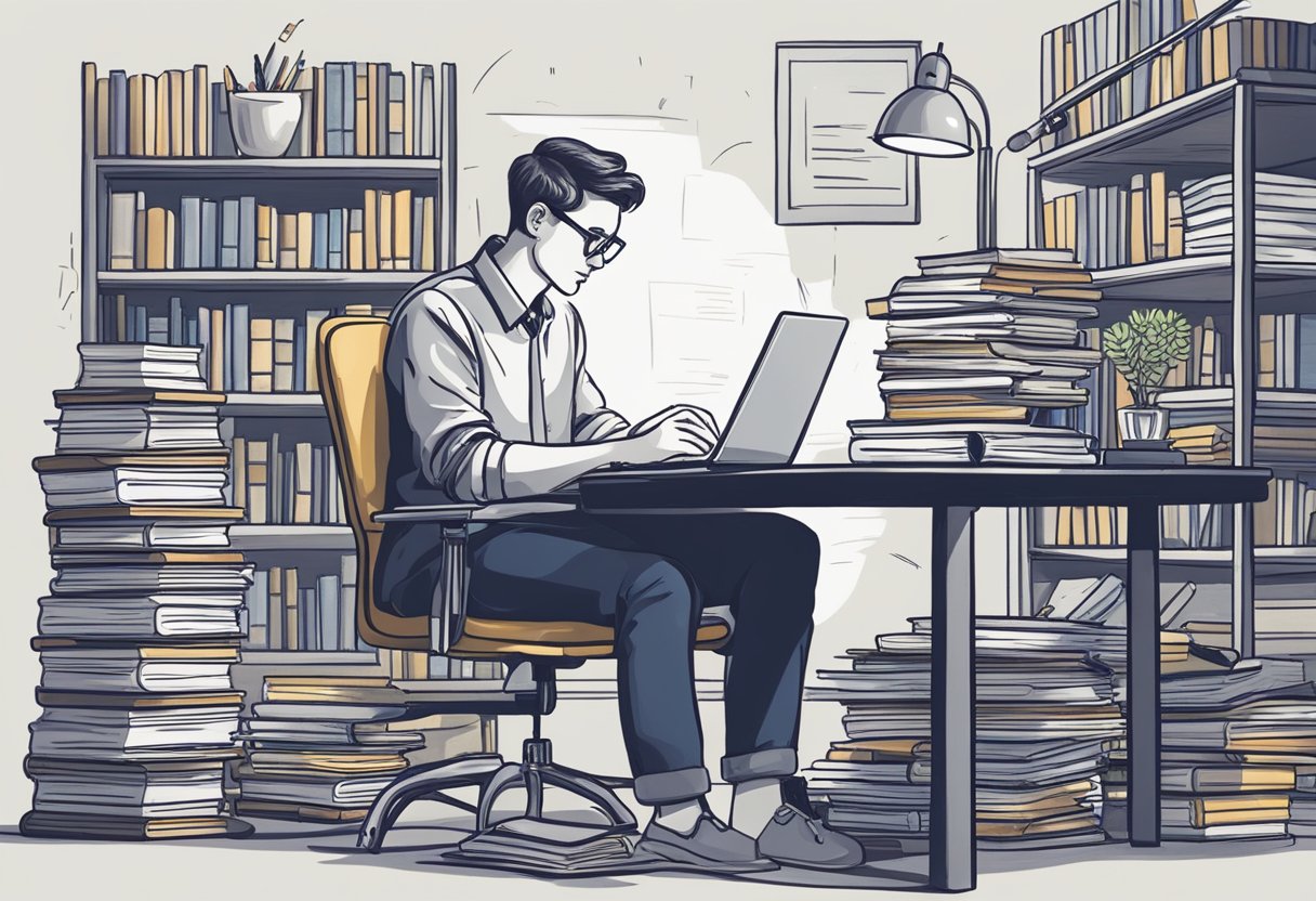 A person sits at a desk, surrounded by books and a laptop. They are deep in thought, pen in hand, as they brainstorm ideas for content writing