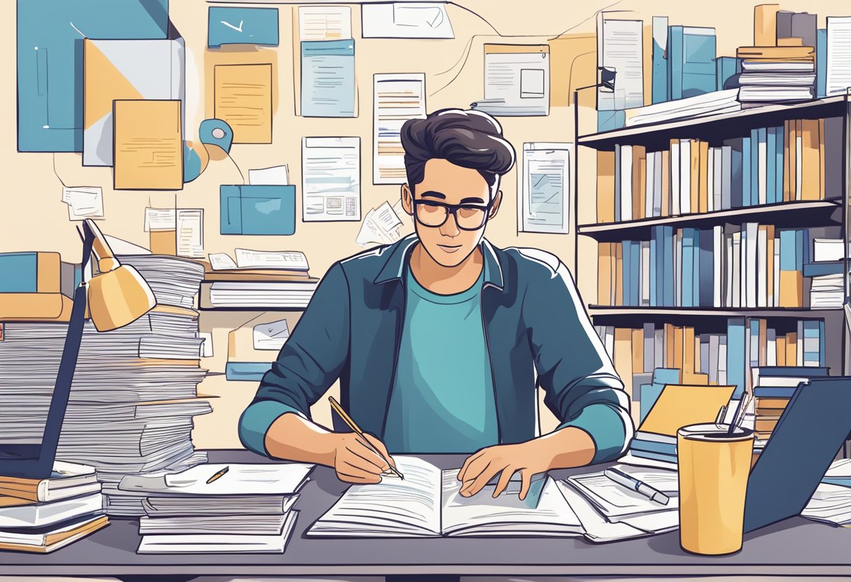 A person sitting at a desk with a laptop, surrounded by books and notes, while receiving coaching on content writing