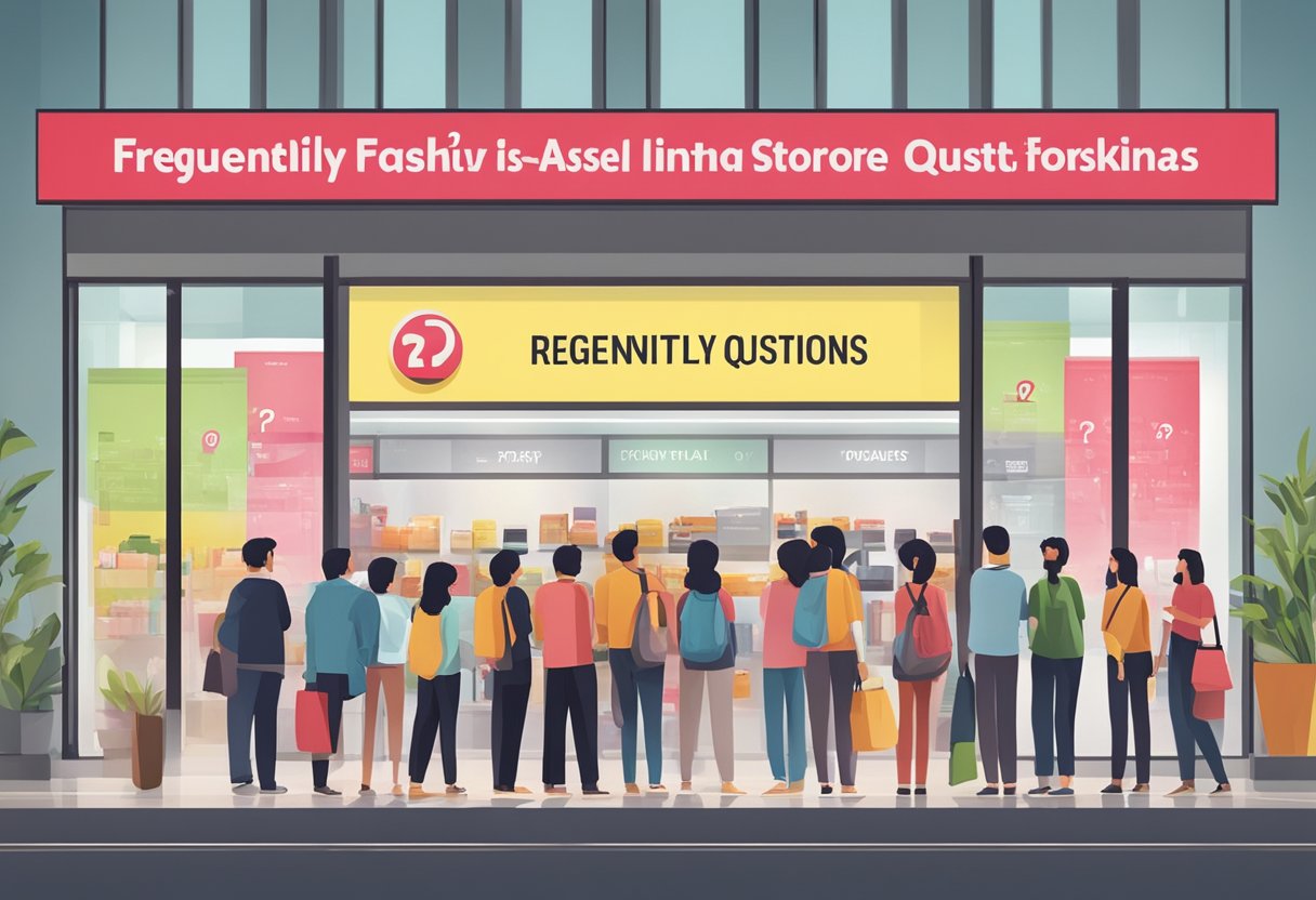 A group of people lining up at the Joyalukkas Singapore store, with a sign displaying "Frequently Asked Questions" prominently displayed