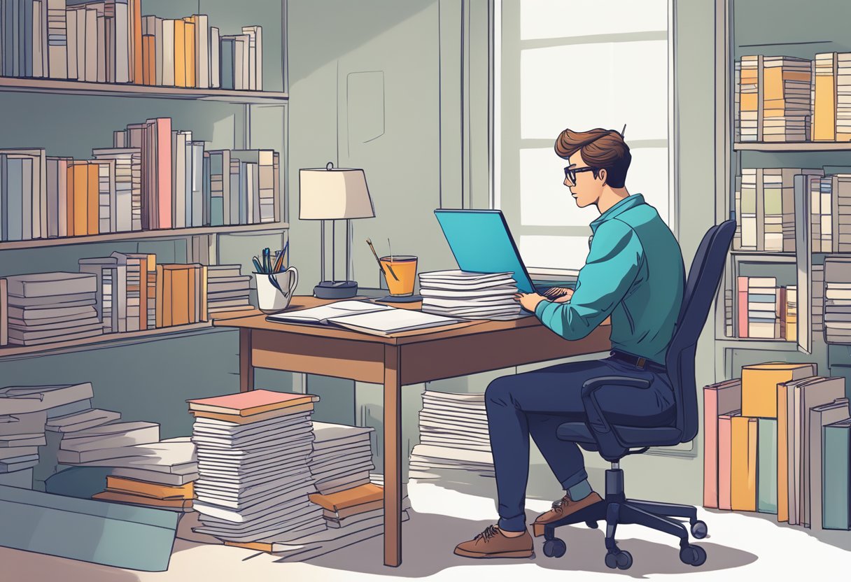 A content writer sits at a desk, surrounded by notebooks and a laptop. A pen hovers over a blank page as they contemplate their next sentence
