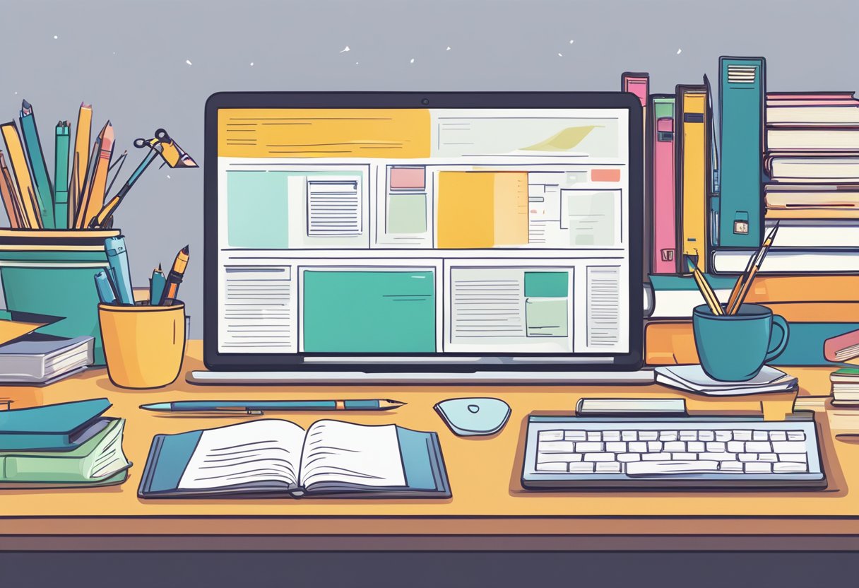 A writer's desk with a laptop open to a webpage on SEO, surrounded by books on content writing and coaching materials