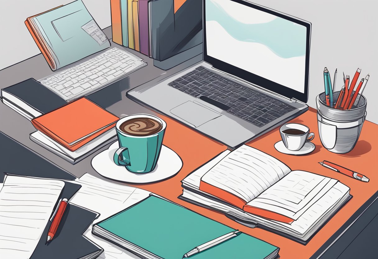 A desk with a computer, open books, and a red pen. A cup of coffee sits next to a notepad with scribbled notes