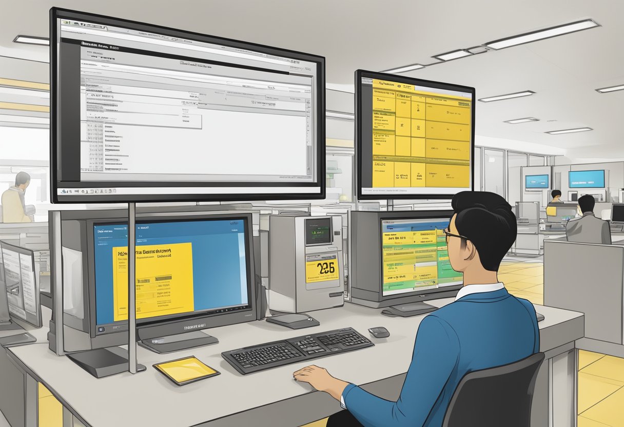 A bank teller processes a Singapore fixed deposit at Maybank, with a computer screen showing the account details