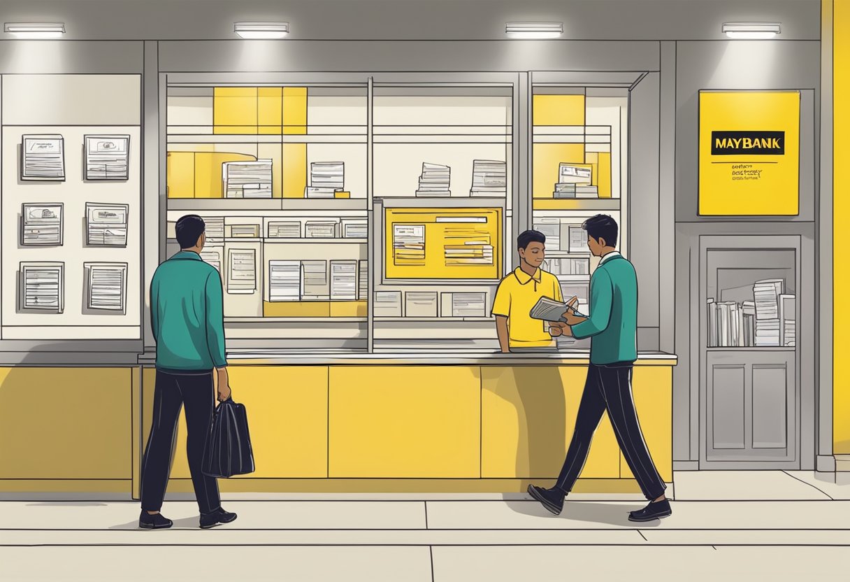 A person walks into a Maybank branch, fills out forms, and hands over a sum of money to open a Fixed Deposit Account