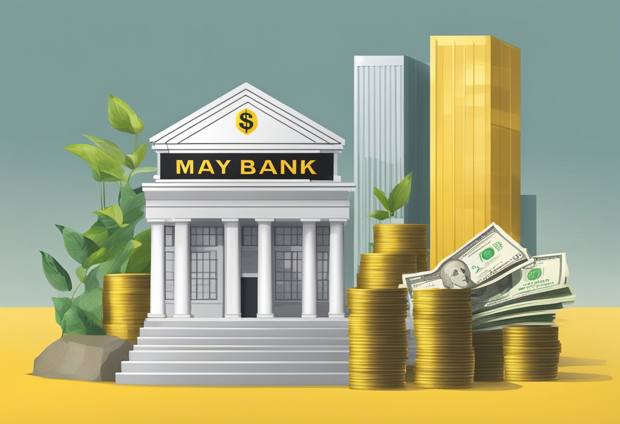 A stack of money grows next to a bank sign for Maybank Singapore Fixed Deposit, illustrating investment growth and fixed deposit terms