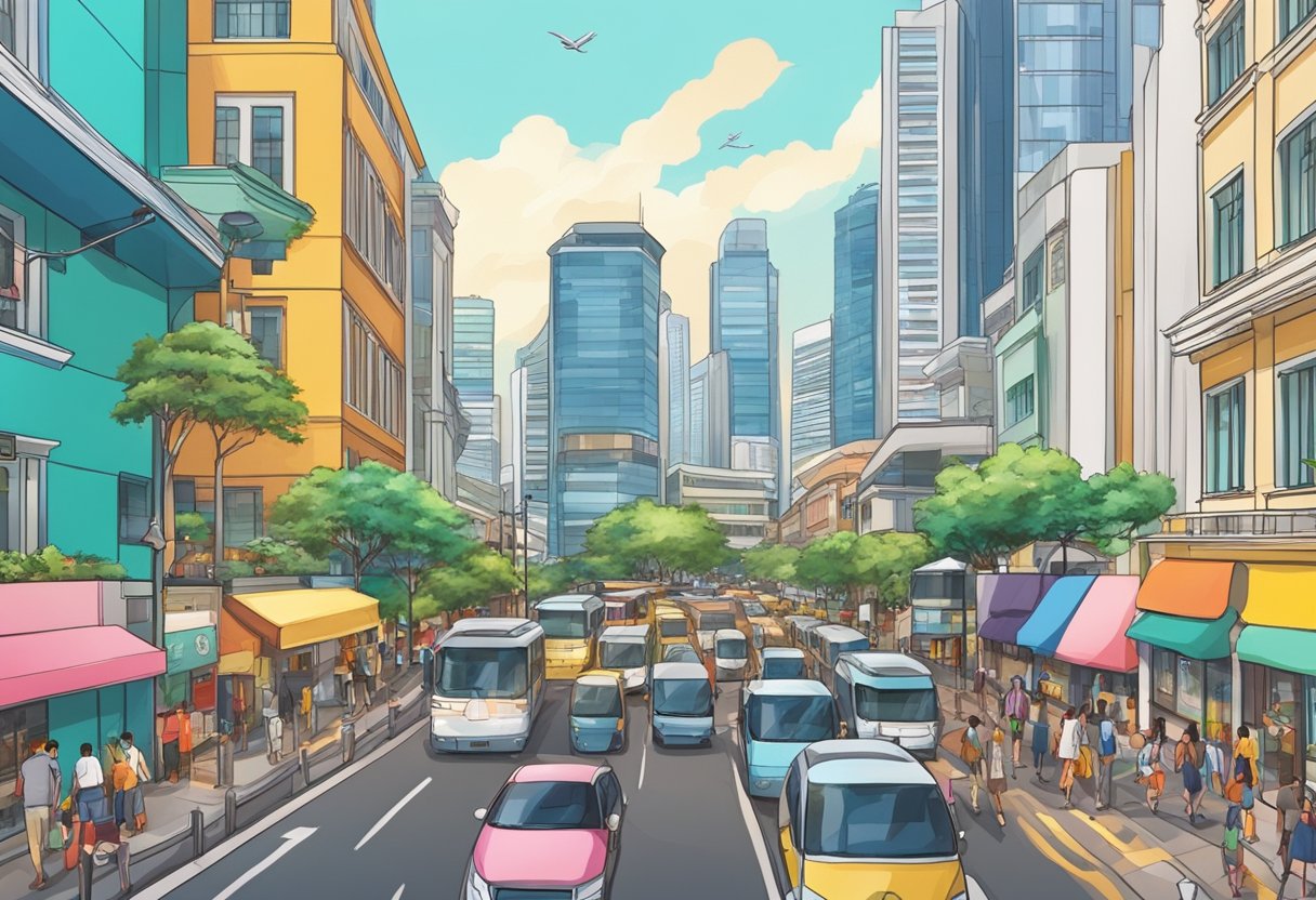 A bustling city street in Singapore with colorful buildings and bustling traffic