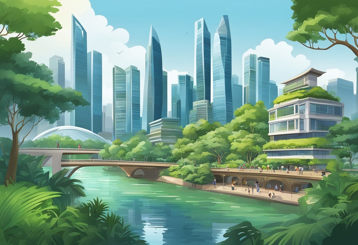 A bustling cityscape with modern skyscrapers, lush greenery, and diverse cultural landmarks in Singapore