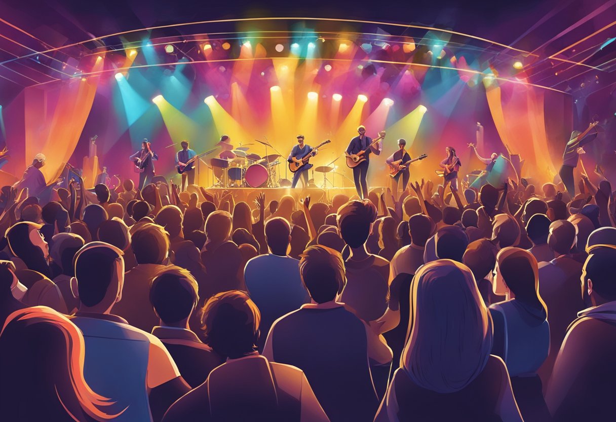 A vibrant stage with musicians playing instruments, surrounded by a lively crowd in an energetic atmosphere