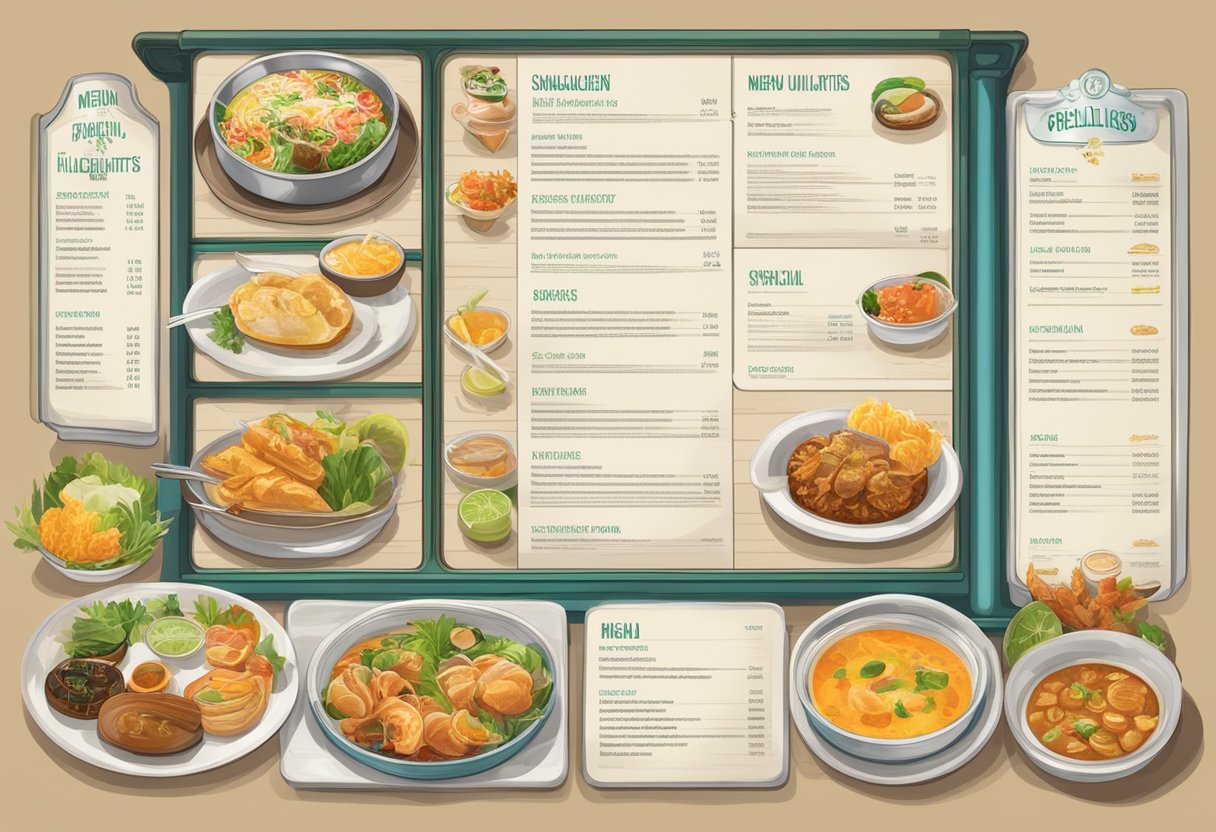 A vibrant menu display featuring "Menu Highlights and Specialities" in Singapore