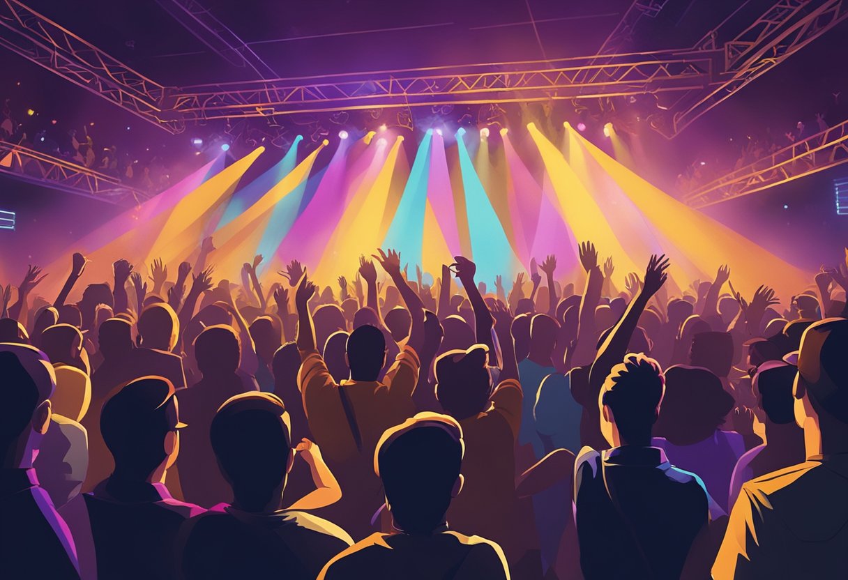 Crowds gather in dimly lit venues, swaying to the rhythm of live music. Colorful stage lights illuminate the band as they perform, creating an electrifying atmosphere