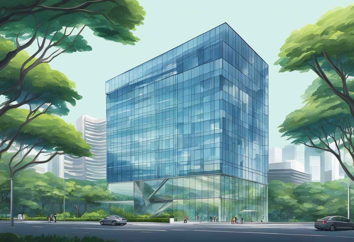 The AIA Singapore Alexandra office building stands tall and modern against a clear blue sky, surrounded by lush greenery and reflective glass windows
