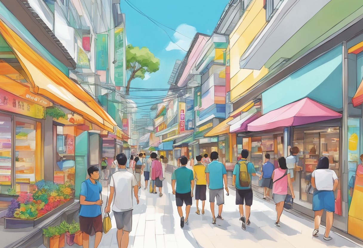 People strolling past colorful storefronts at Far East Plaza, 14 Scotts Rd, Singapore. Bright signs and bustling energy fill the scene