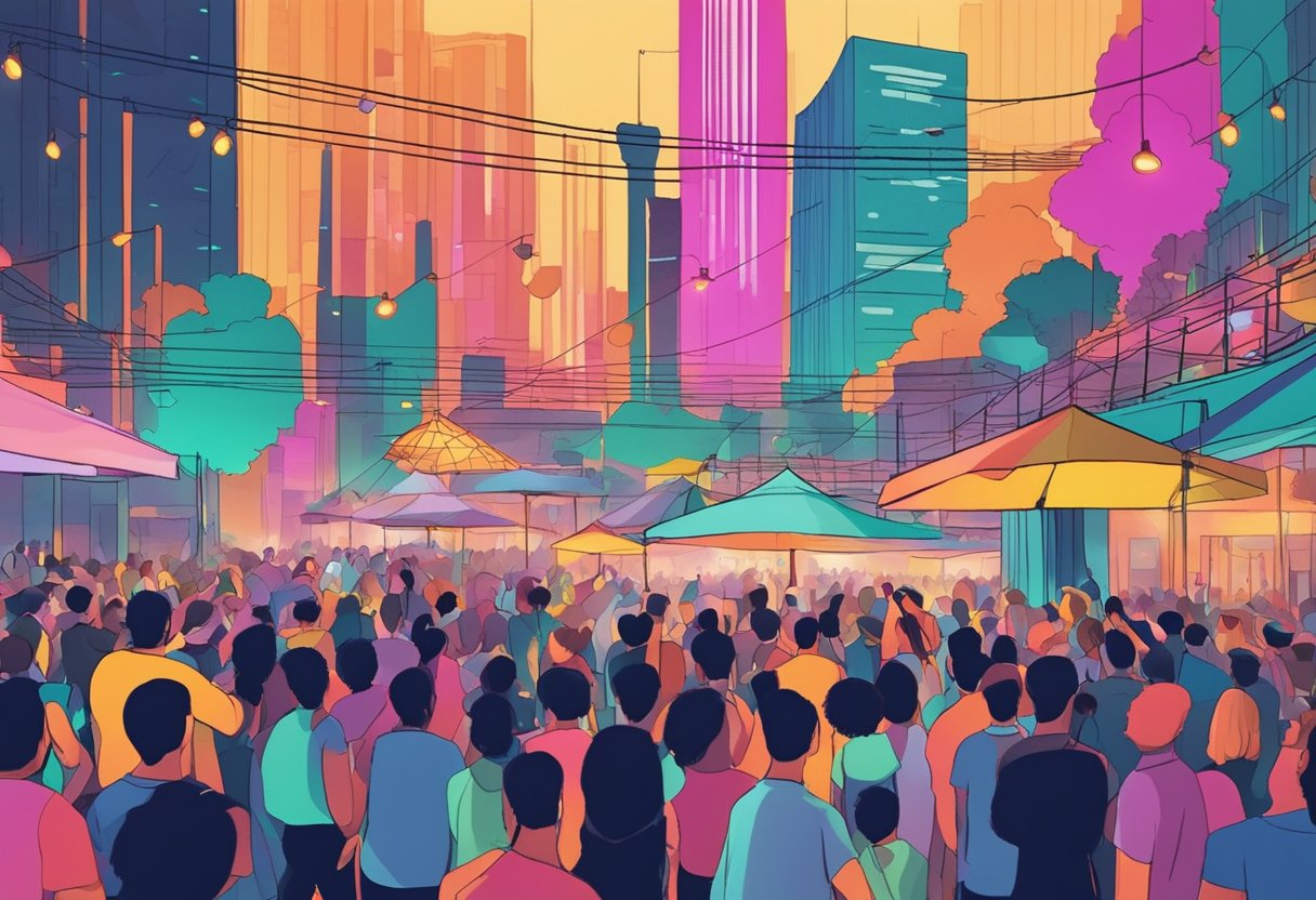 A crowd sways to the beat as colorful lights flash and a live band plays in Singapore's vibrant music scene