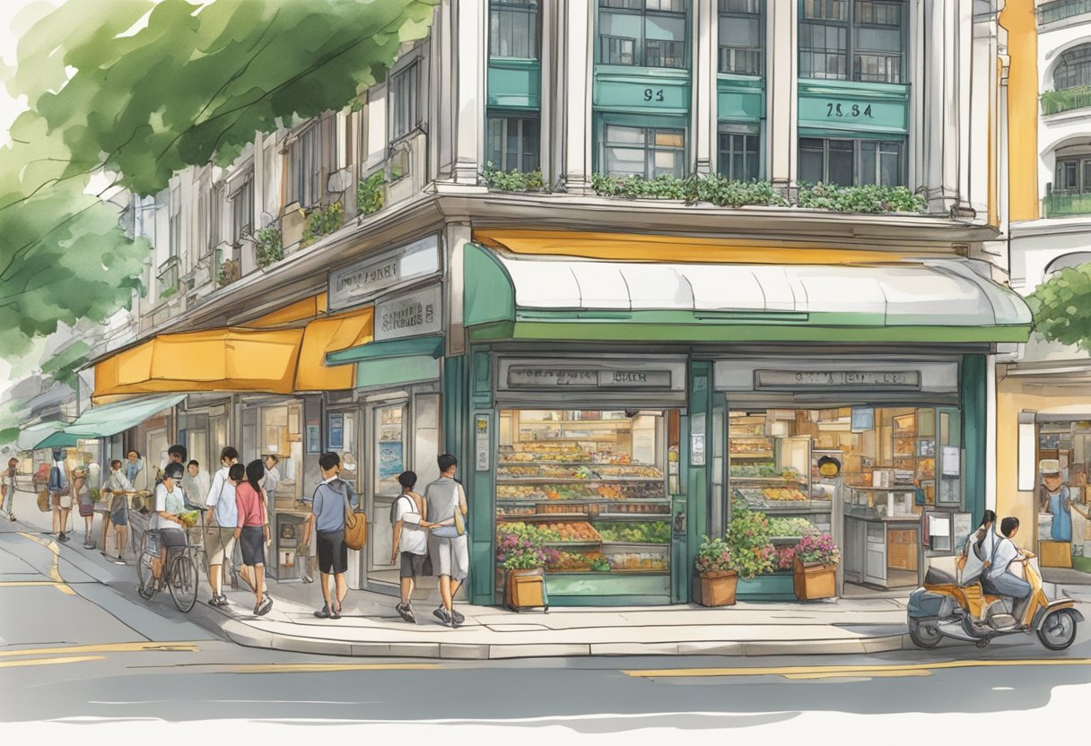 A bustling street in Singapore, with the address "14 Scotts Rd, Far East Plaza, Singapore 228213" prominently displayed on a storefront sign