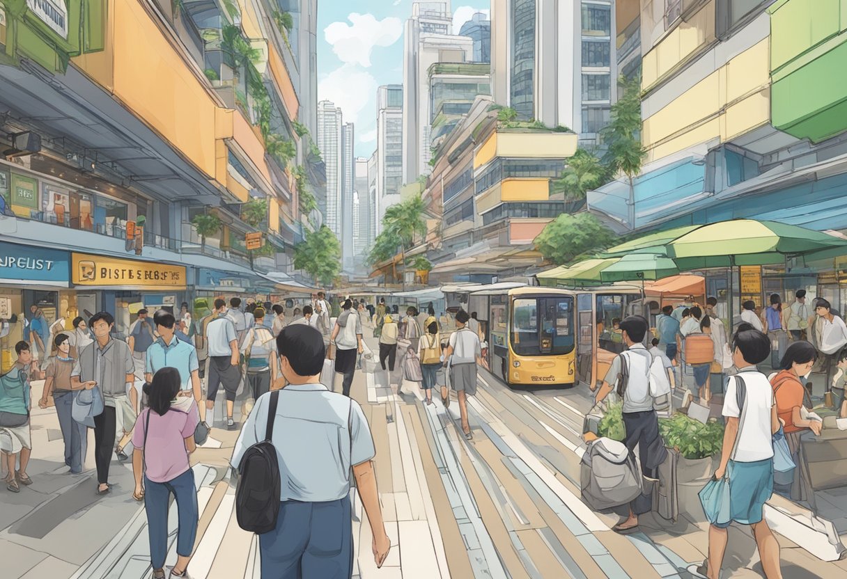 A bustling street in Singapore, with a prominent sign reading "Frequently Asked Questions" at 14 Scotts Rd, Far East Plaza